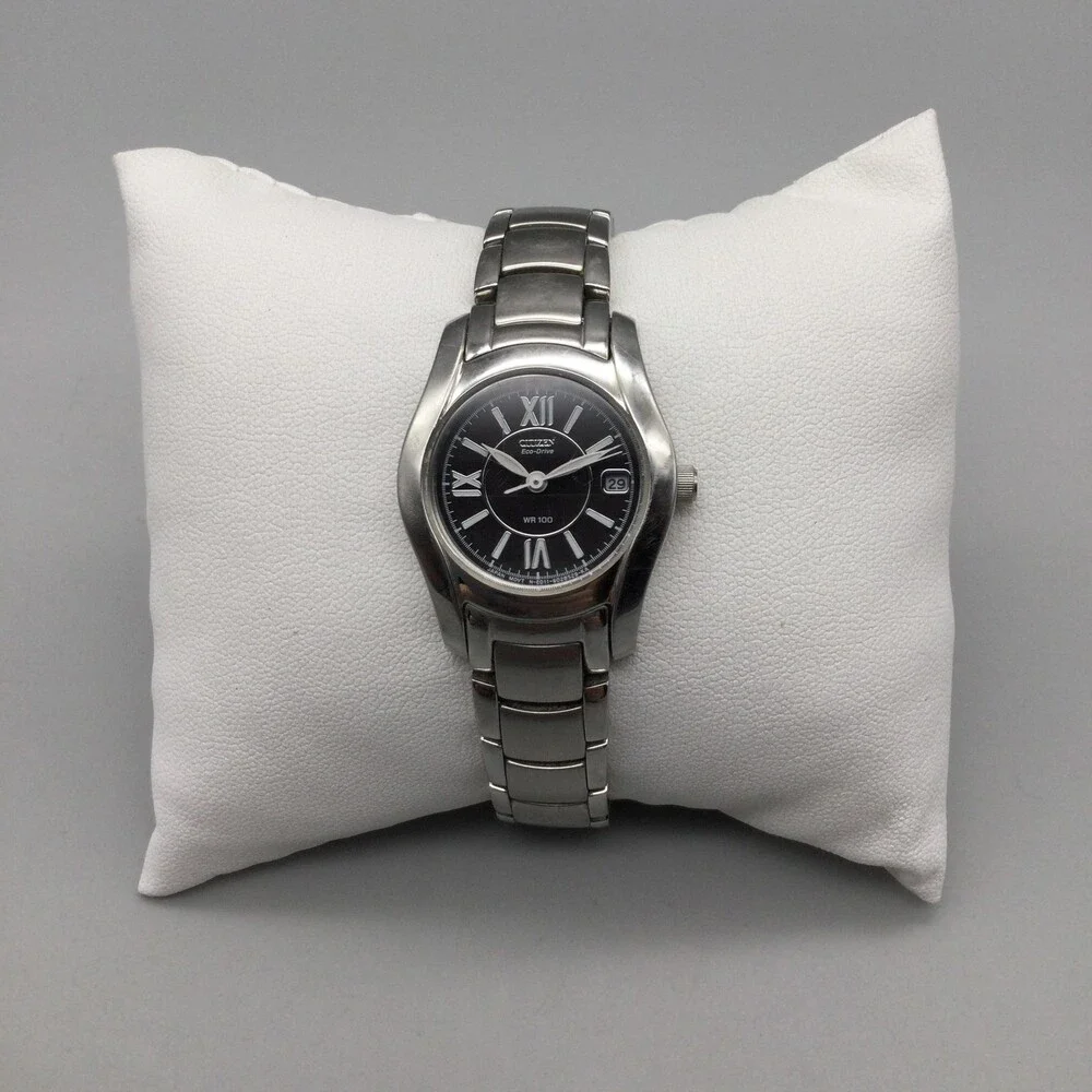 Citizen Eco-Drive WR 100 Womens Watch 25mm Black Dial Date Stainless Bracelet 6